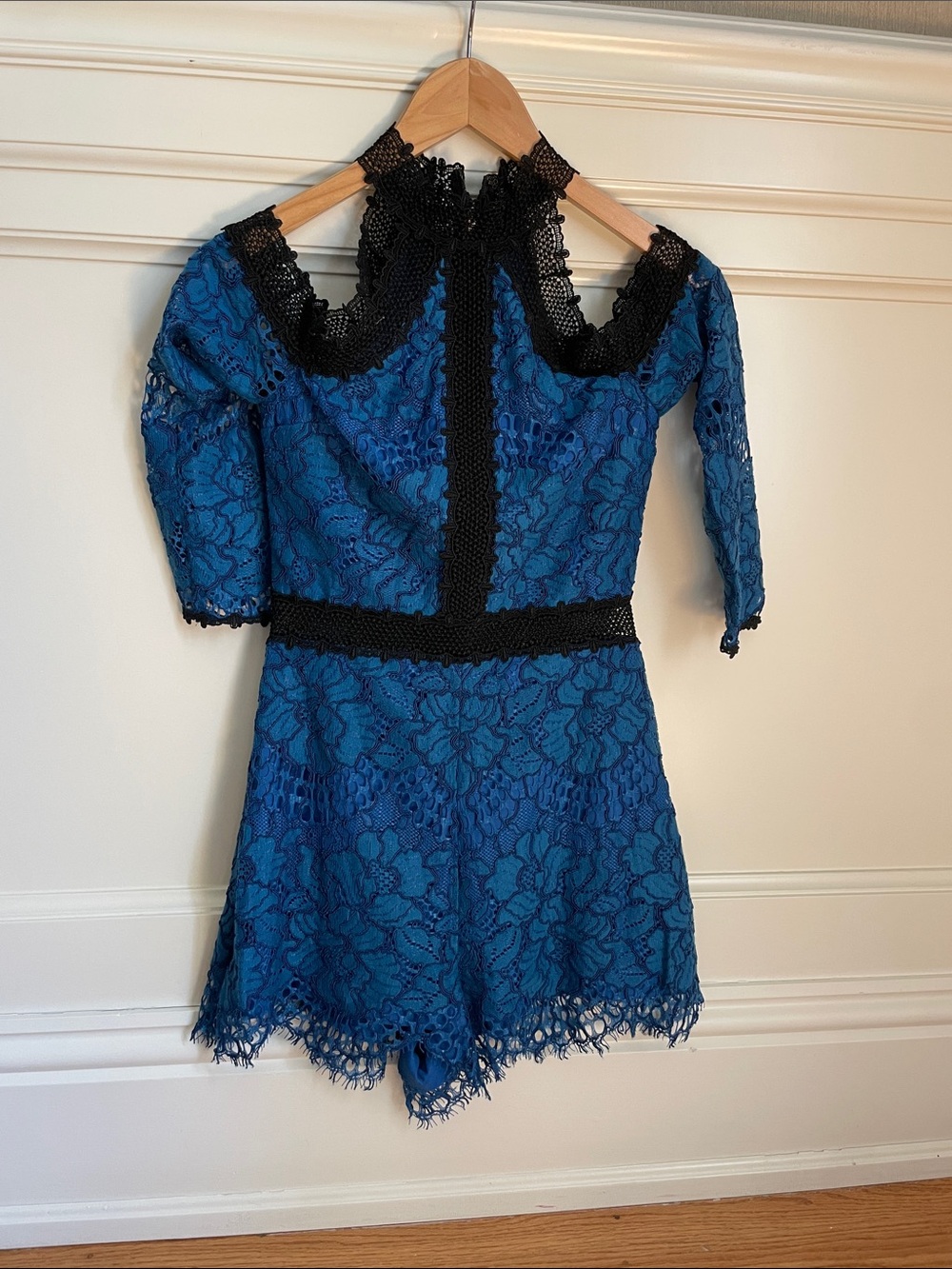 Alexis Blue Lace Mini Dress with Black Trim
